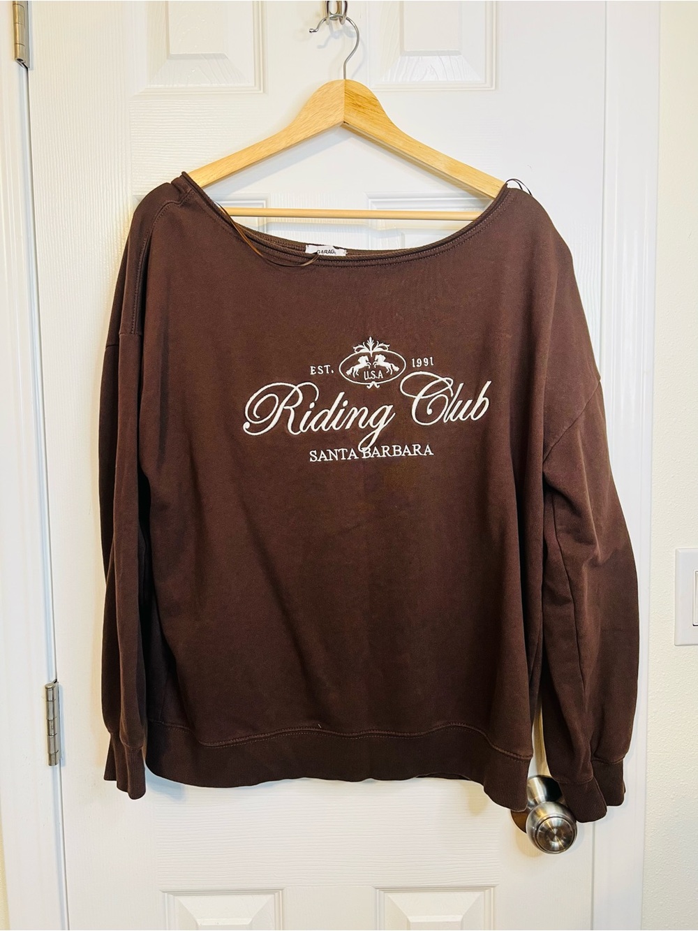 Garage Off-the-Shoulder Brown Sweater with White Logo